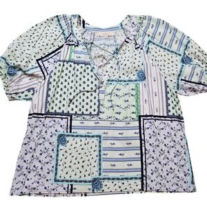 LOFT Boho Patchwork V Neck with Ties Bow Top Blouse Size XL